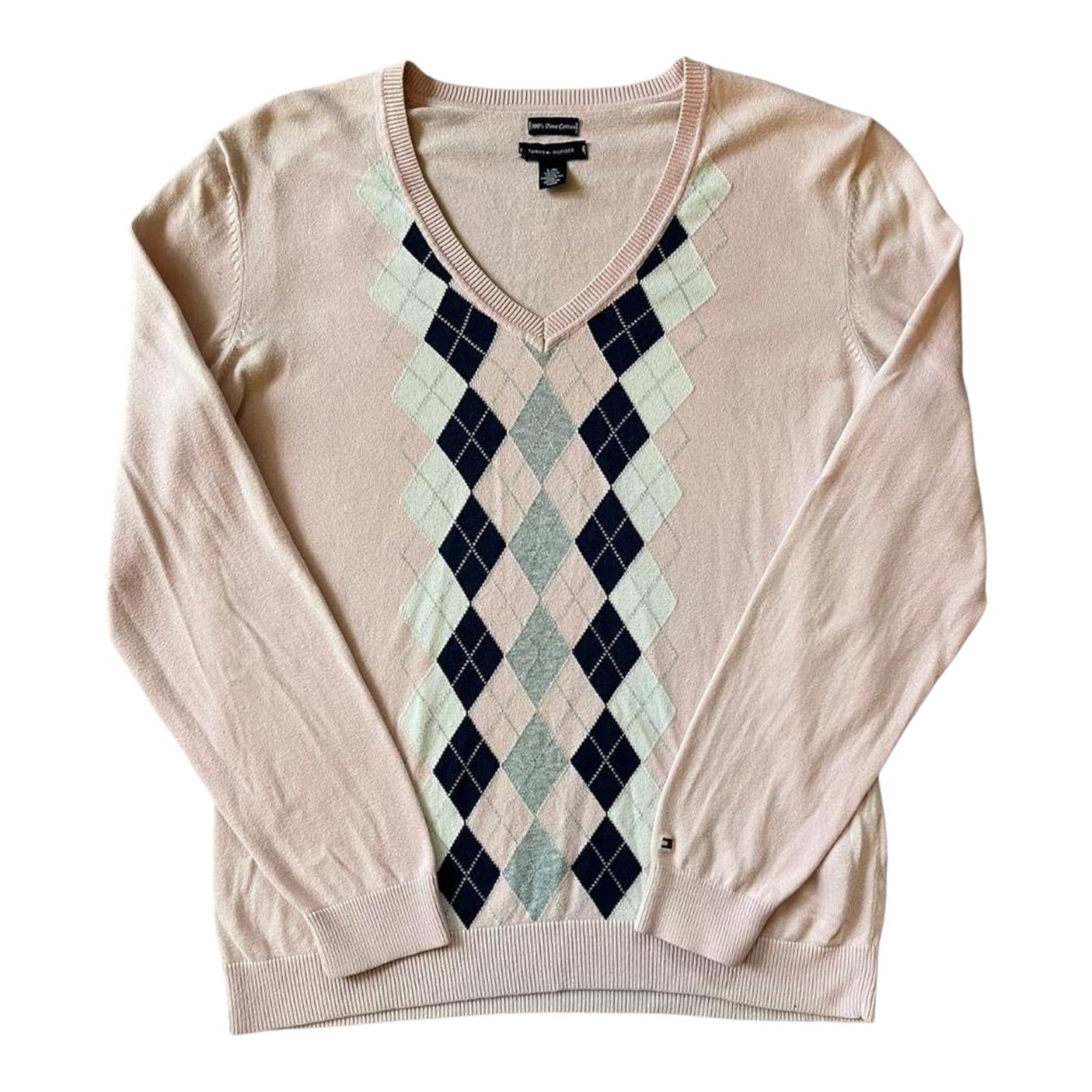 Woman's Large Tommy Hilfiger Pink V-Neck Argyle Jumper