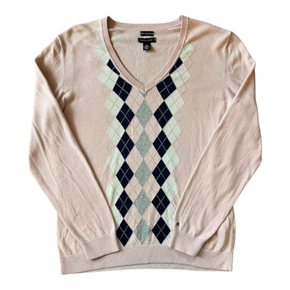 Woman's Large Tommy Hilfiger Pink V-Neck Argyle Jumper
