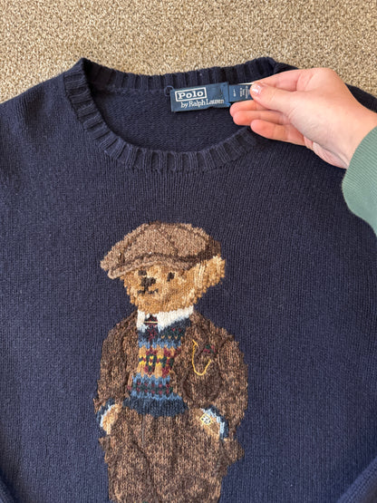 Large Ralph Lauren Navy Tweed Polo Bear Knitted Wool Jumper