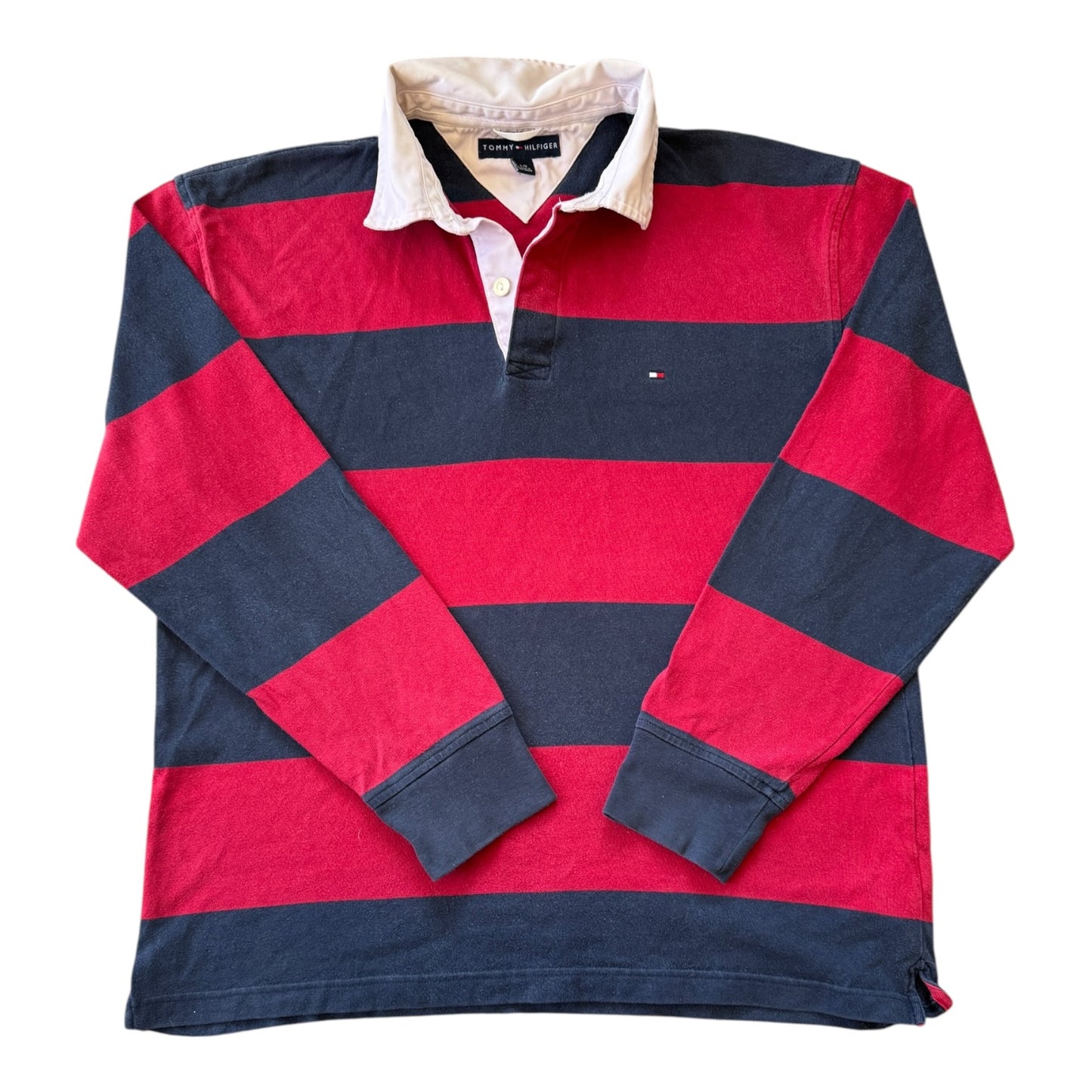 Large Tommy Hilfiger Navy and Red Rugby Shirt