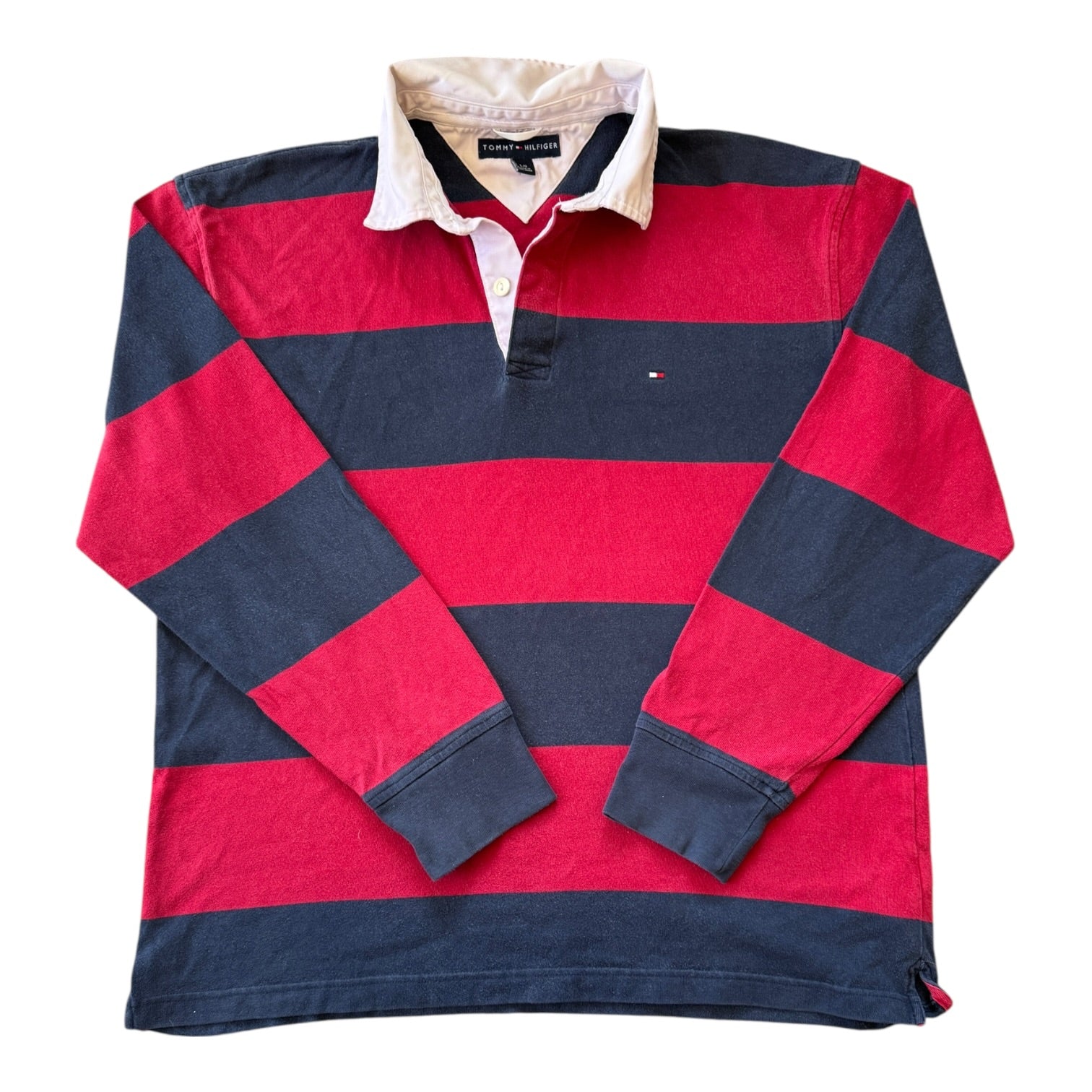 Large Tommy Hilfiger Navy and Red Rugby Shirt