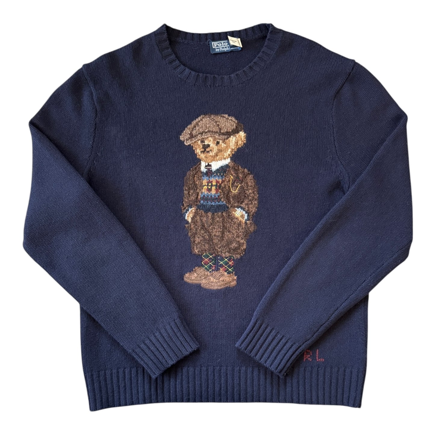 Large Ralph Lauren Navy Tweed Polo Bear Knitted Wool Jumper