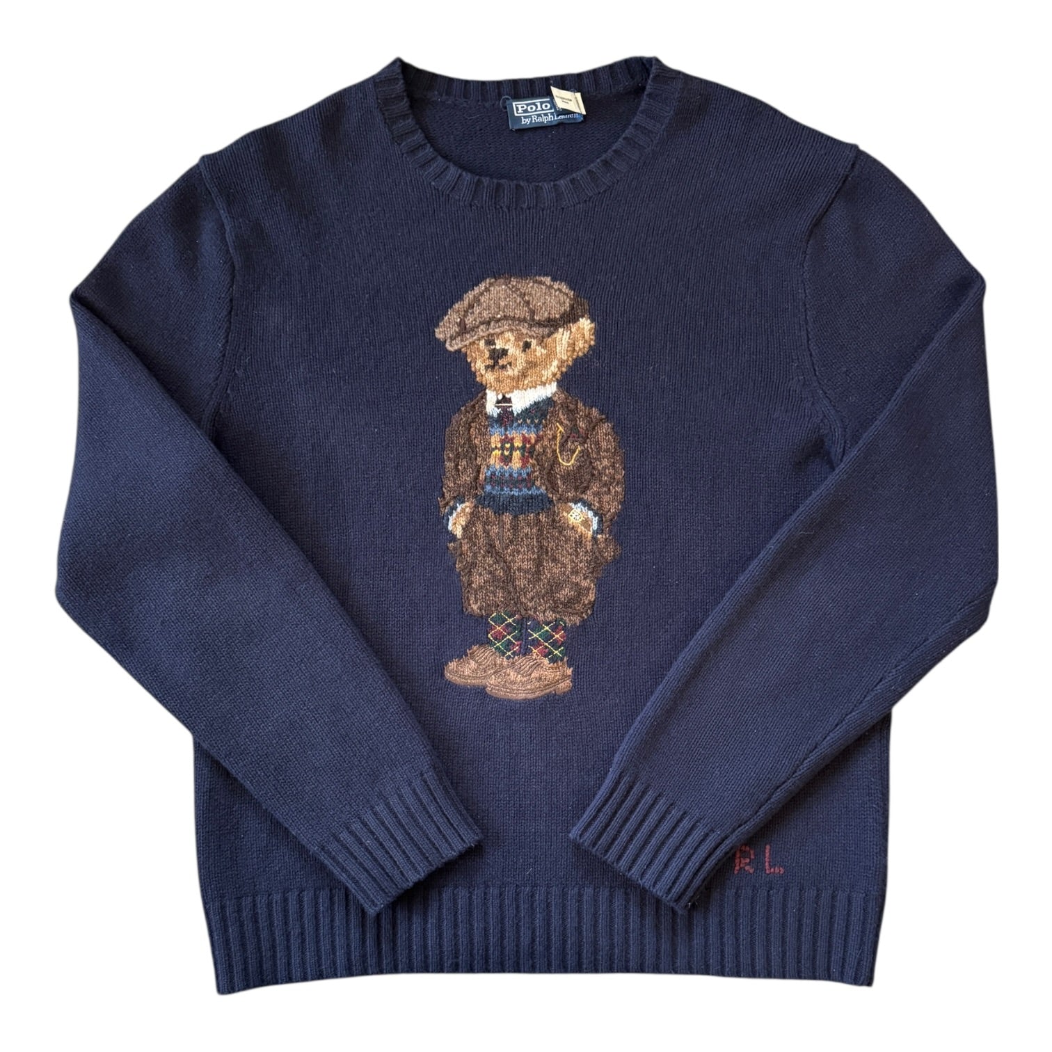 Large Ralph Lauren Navy Tweed Polo Bear Knitted Wool Jumper