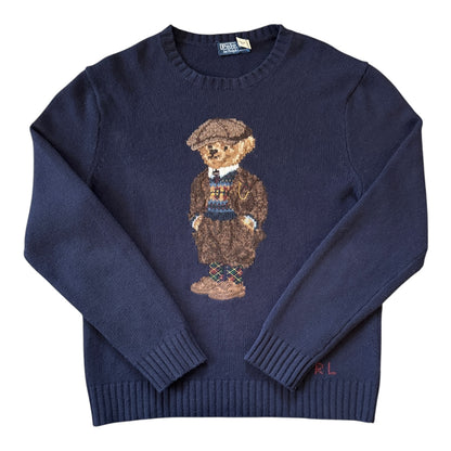 Large Ralph Lauren Navy Tweed Polo Bear Knitted Wool Jumper