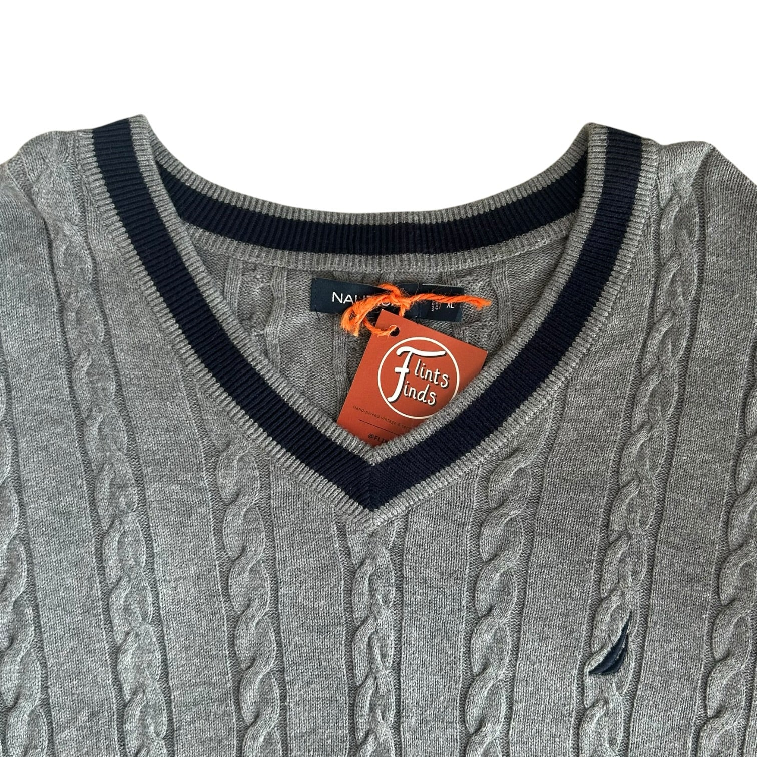 Extra large Nautica Grey Cable Knit V-Neck Jumper