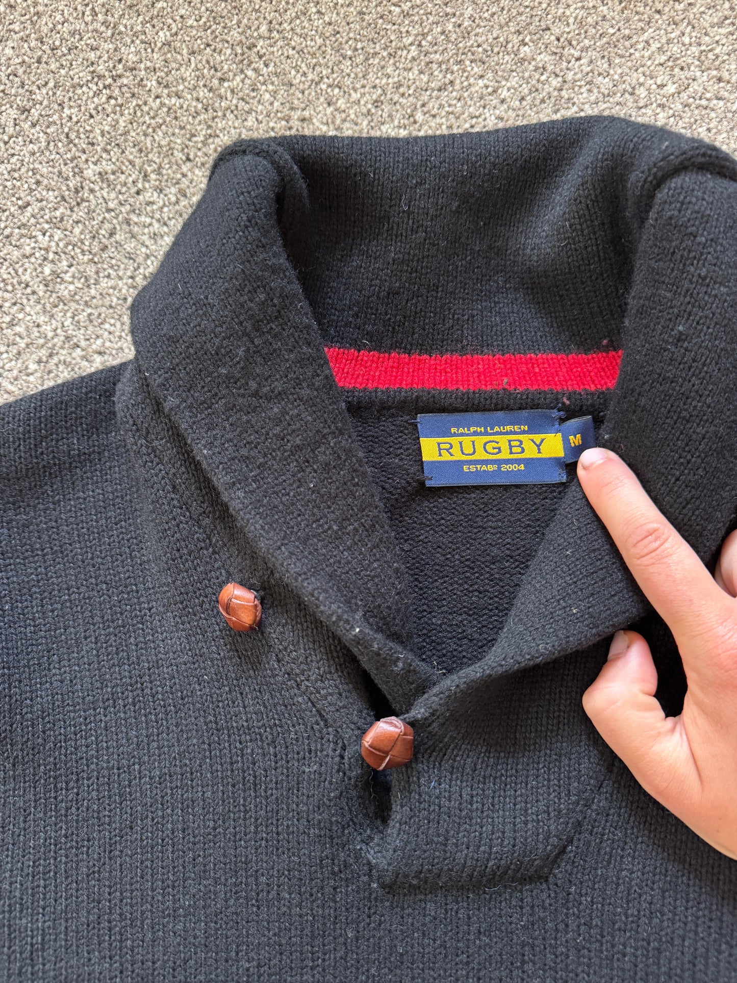Medium Ralph Lauren Rugby Black Shetland Wool Shawl Neck Jumper - Repaired