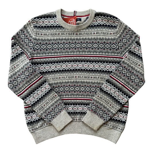 Large Tommy Hilfiger Grey Fair Isle Style Knitted Jumper