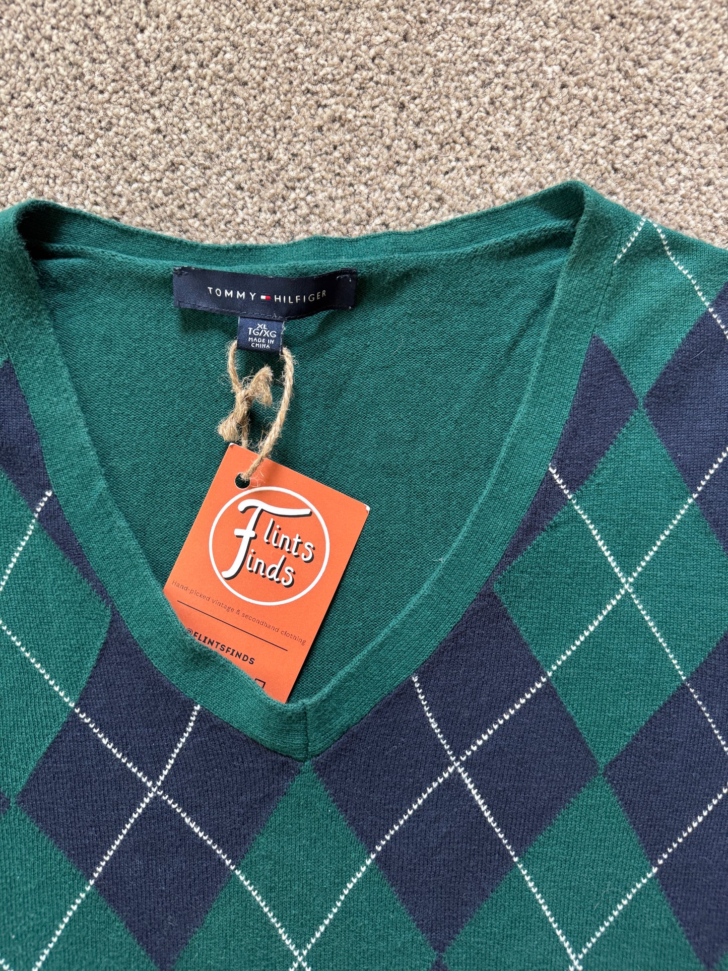 Woman's Extra large Tommy Hilfiger Green Argyle V-Neck Jumper