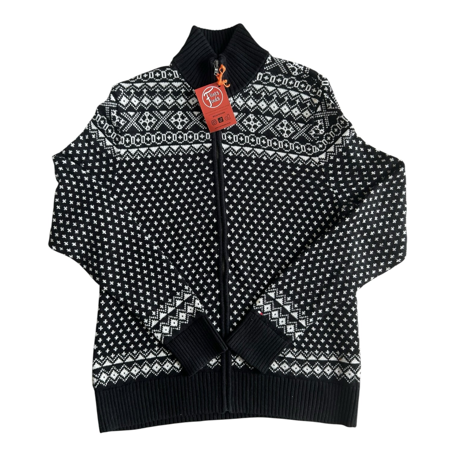 Medium Tommy Hilfiger Black and White Fair Isle Full Zip Jumper