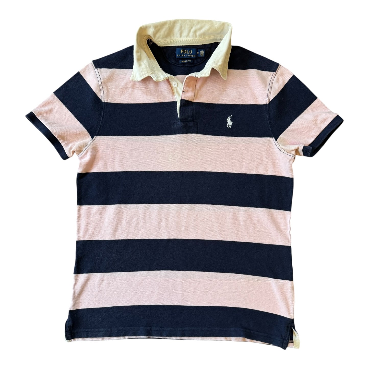 Medium Ralph Lauren Navy and Pink Short Sleeved Rugby Shirt