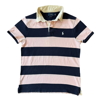 Medium Ralph Lauren Navy and Pink Short Sleeved Rugby Shirt