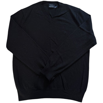 Medium Nautica Black Merino Wool V-Neck Jumper