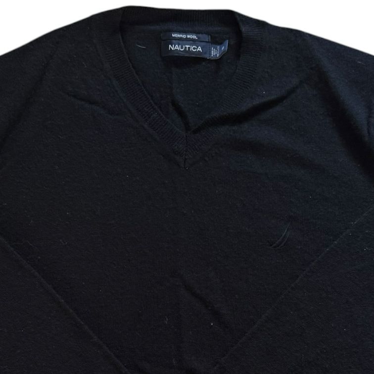 Medium Nautica Black Merino Wool V-Neck Jumper