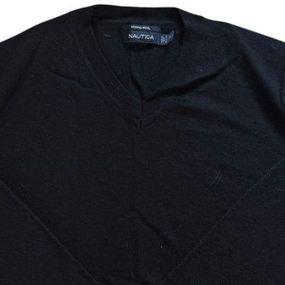 Medium Nautica Black Merino Wool V-Neck Jumper