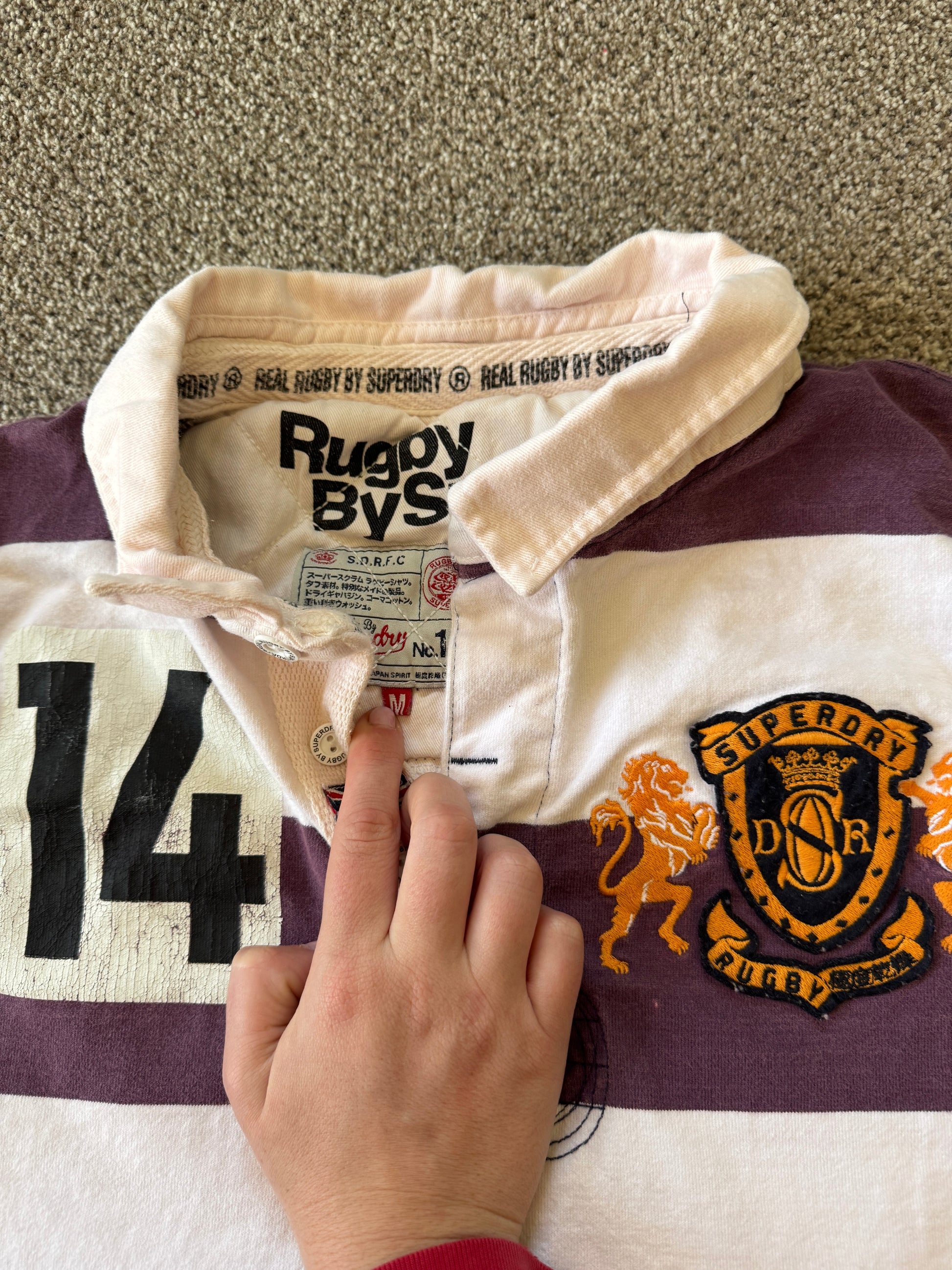 Medium Superdry White and Purple Rugby Shirt
