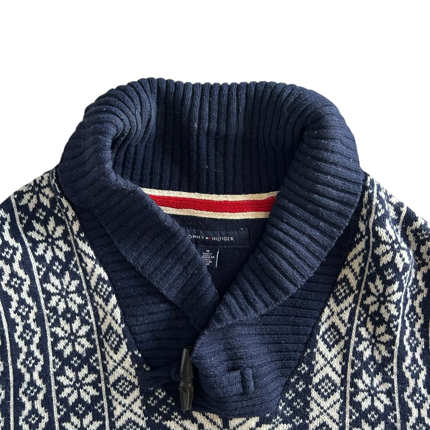 Medium Tommy Hilfiger Navy Fair Isle Snowflake Shawl Neck Jumper