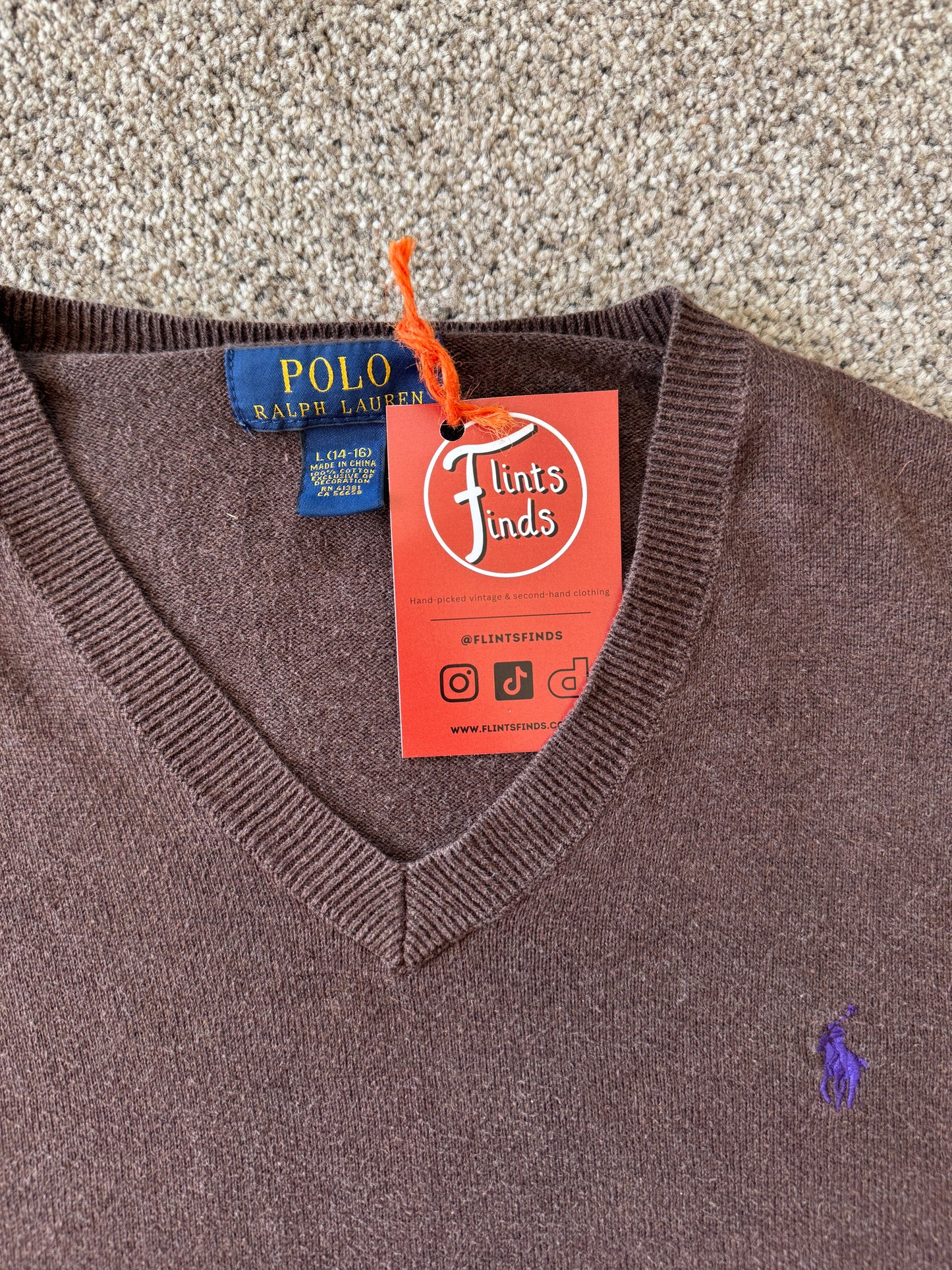 Aged 14-16 Ralph Lauren Brown V-Neck Jumper