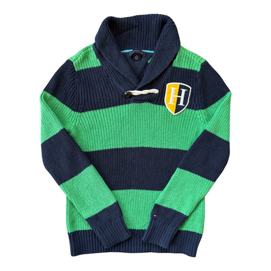 Aged 8-10 Tommy Hilfiger Green and Navy Knitted Shawl Neck Jumper