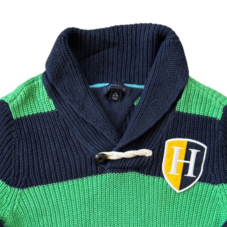 Aged 8-10 Tommy Hilfiger Green and Navy Knitted Shawl Neck Jumper