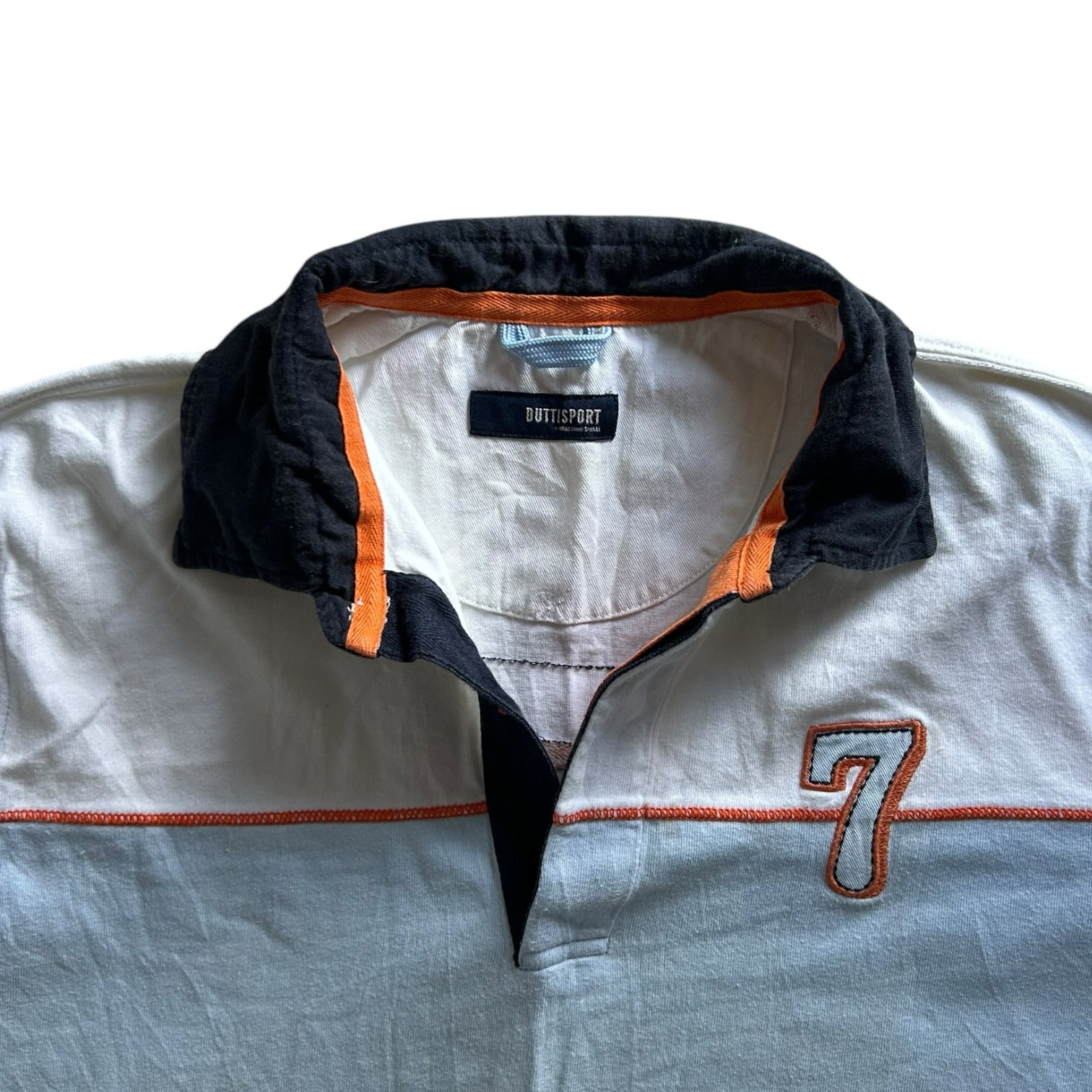 Medium Dutti Sports Blue and White Rugby Shirt