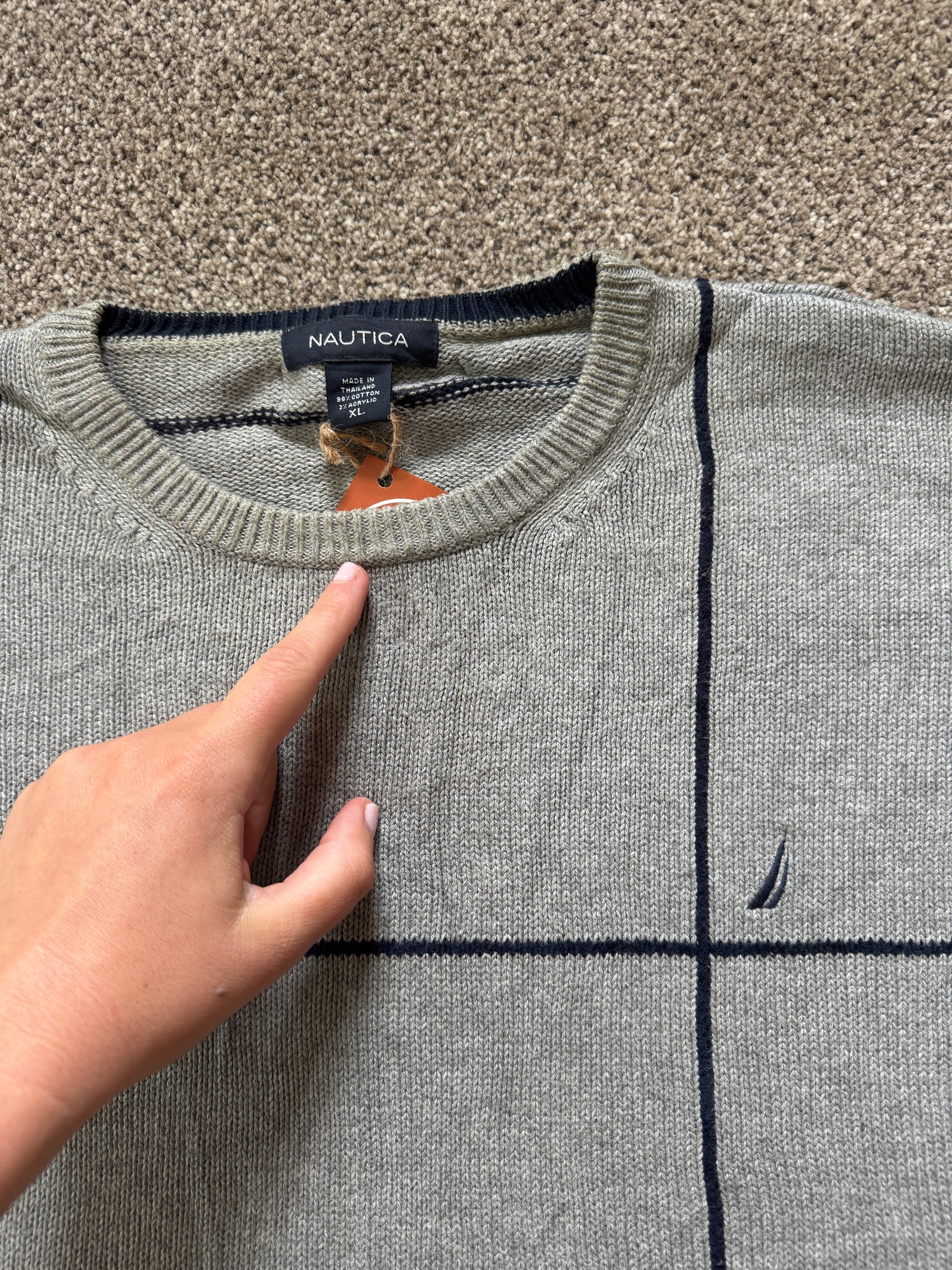 Extra Large Nautica Grey Knitted Grid Pattern Jumper
