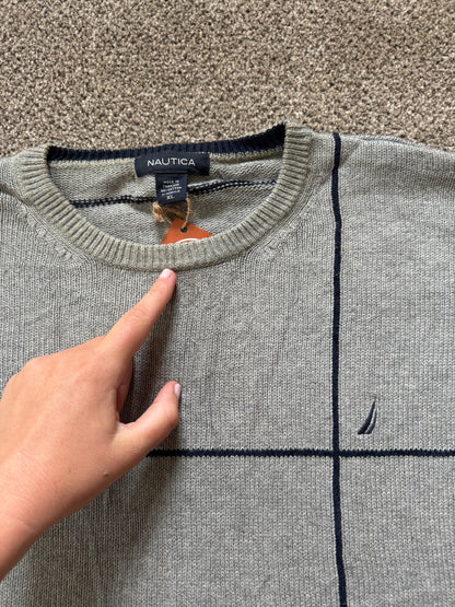 Extra Large Nautica Grey Knitted Grid Pattern Jumper