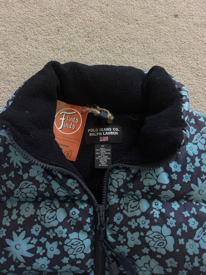 Woman's Medium Ralph Lauren Black and Blue Floral Gilet Puffer Coat