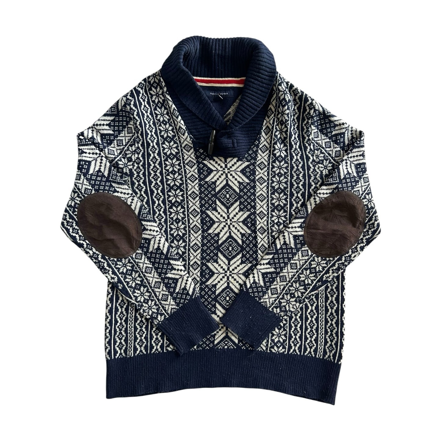 Medium Tommy Hilfiger Navy Fair Isle Snowflake Shawl Neck Jumper