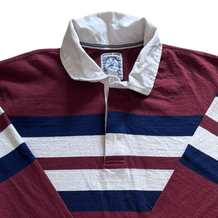 Large Lands' End Burgundy Striped Rugby Shirt