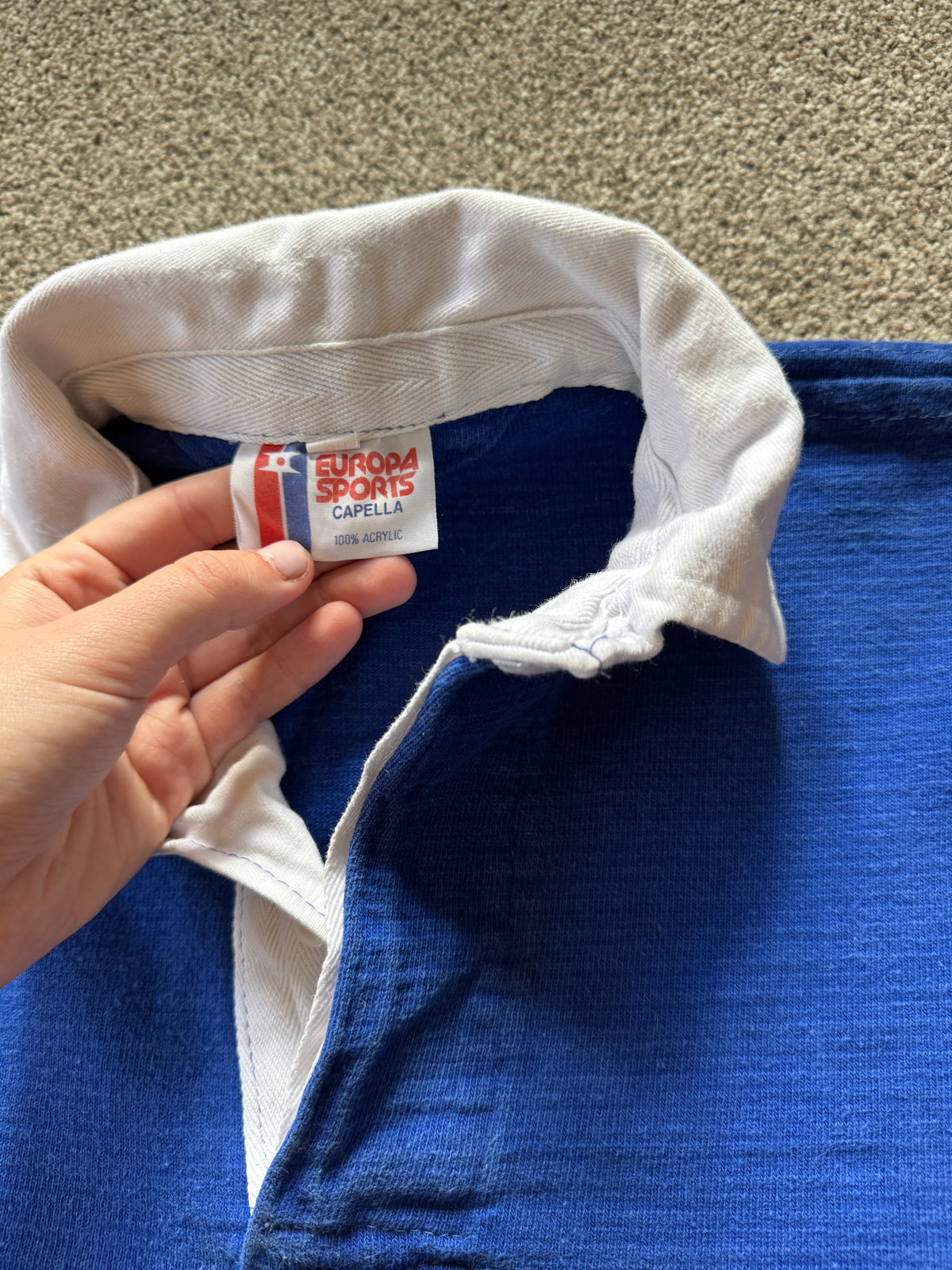 1980's Vintage Extra small Europa Sports Capella Blue Striped Rugby Shirt