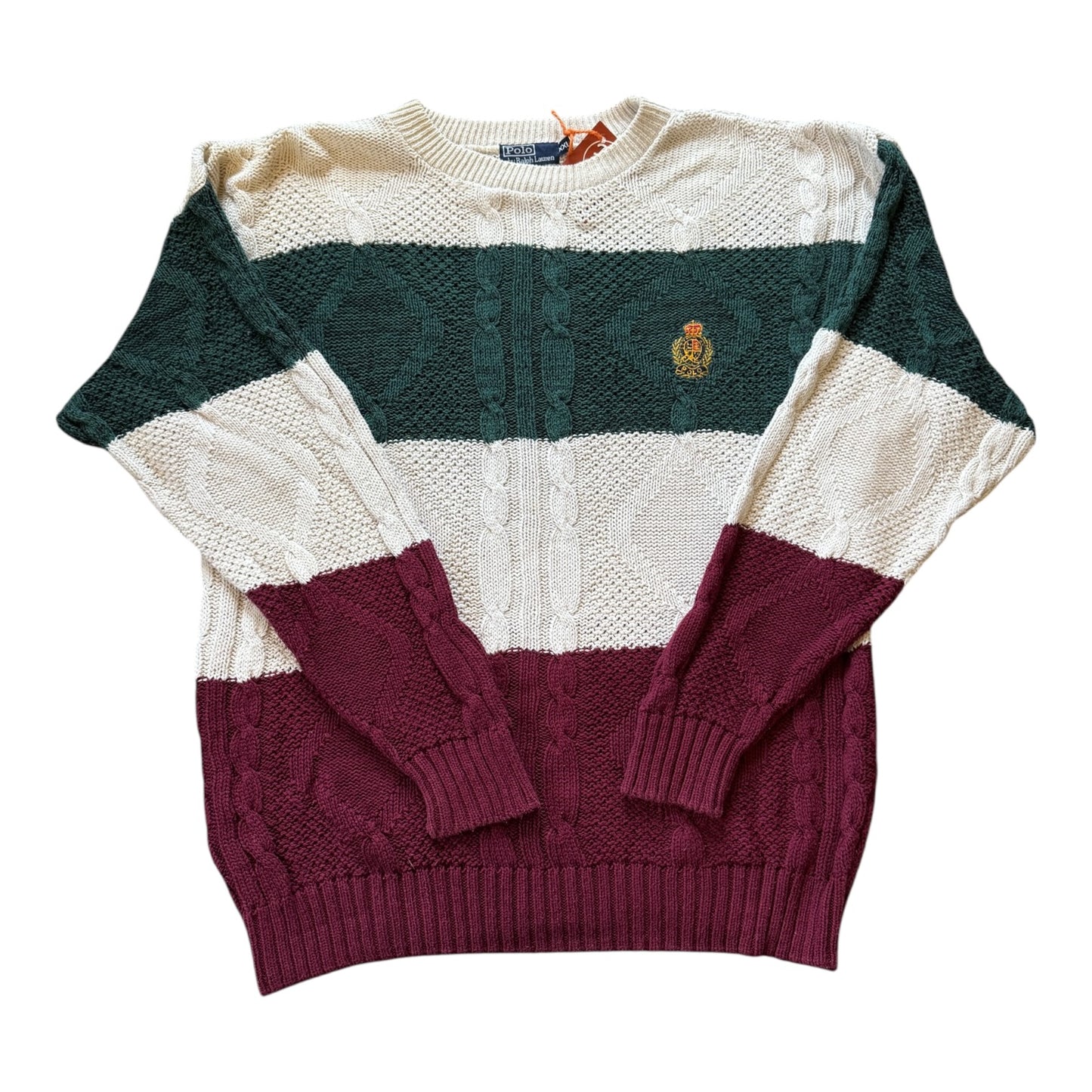 XXL Ralph Lauren Green/Burgundy/Cream Chunky Cable Knit Jumper