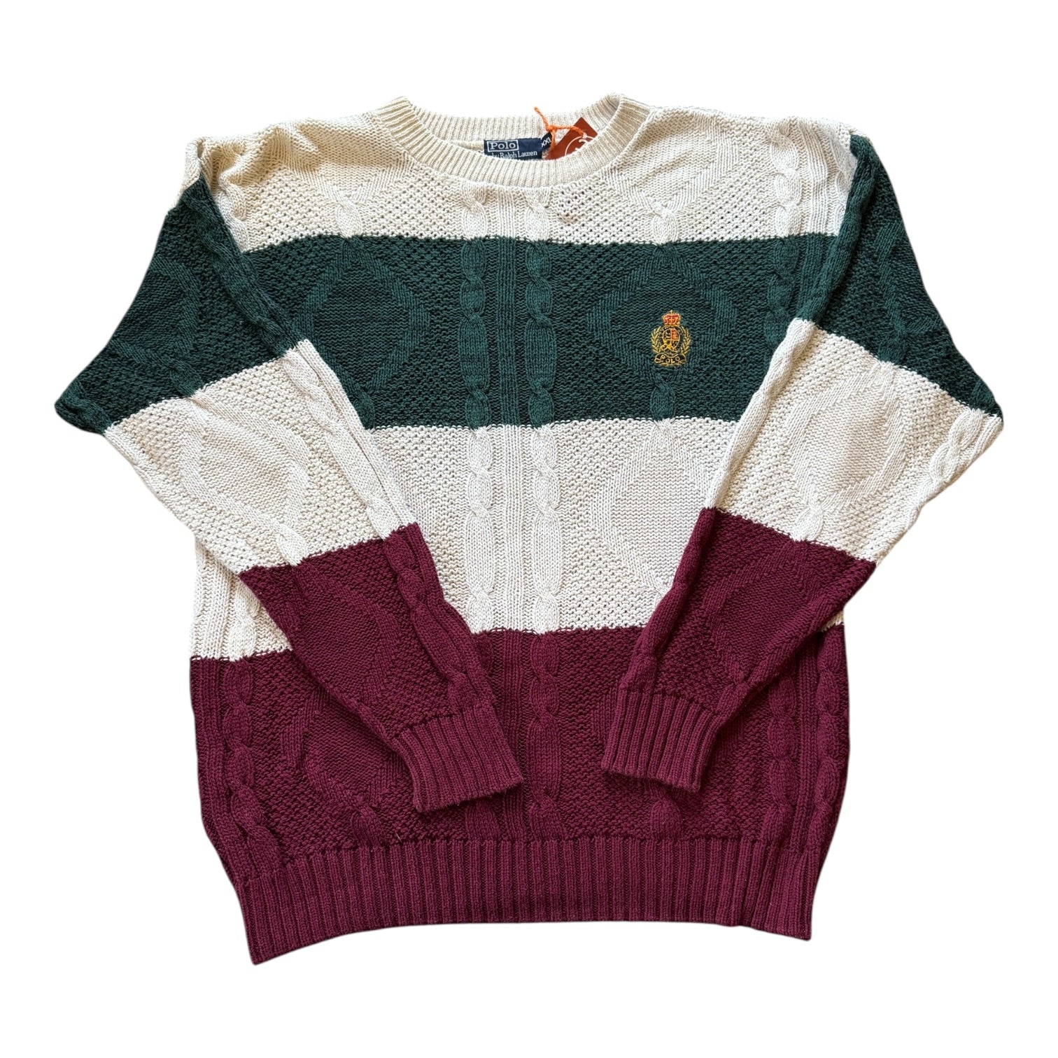 XXL Ralph Lauren Green/Burgundy/Cream Chunky Cable Knit Jumper