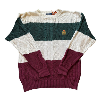 XXL Ralph Lauren Green/Burgundy/Cream Chunky Cable Knit Jumper