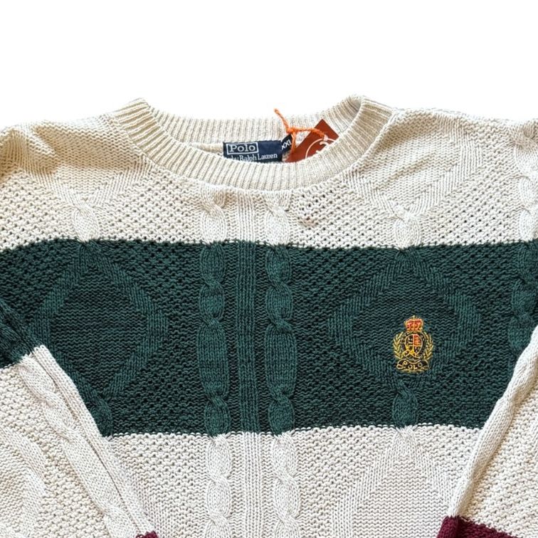 XXL Ralph Lauren Green/Burgundy/Cream Chunky Cable Knit Jumper