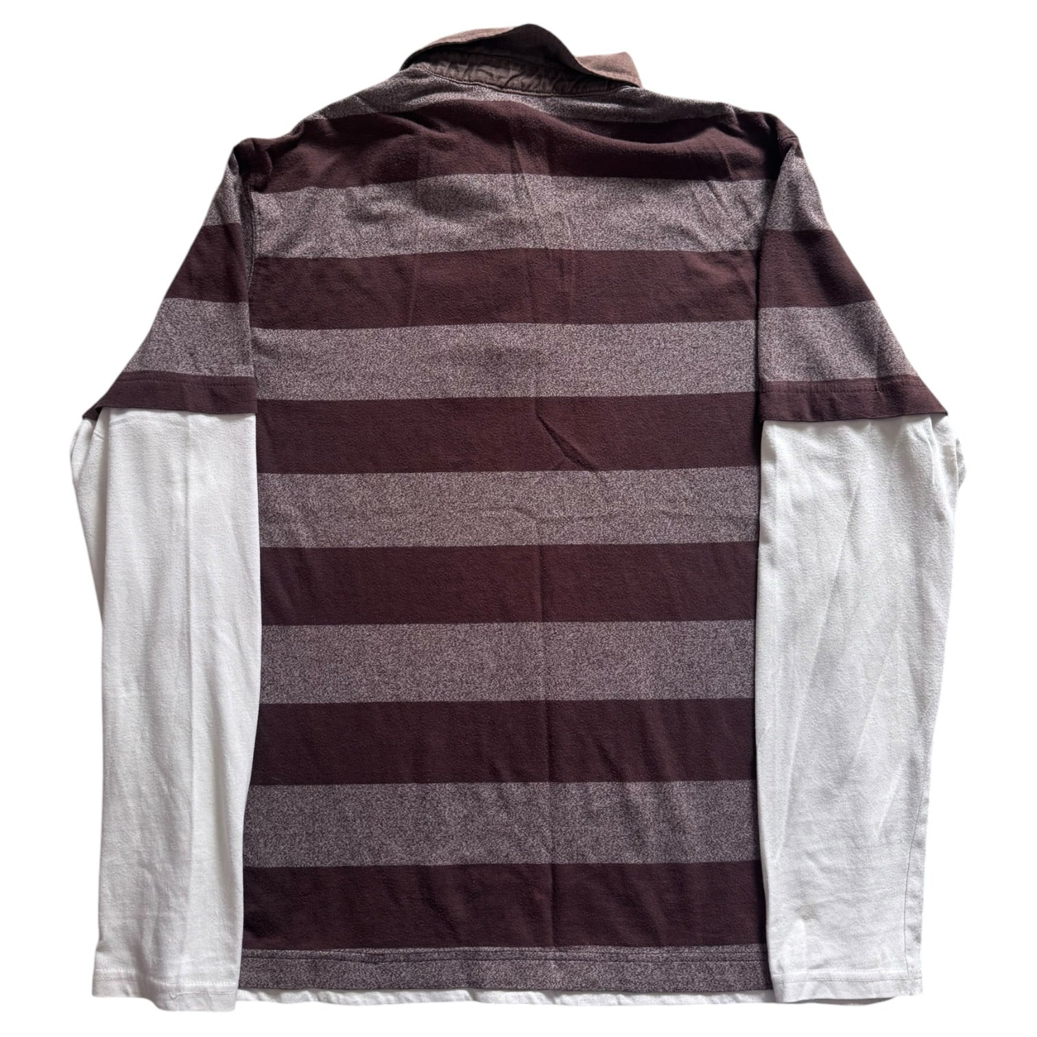 Medium Reporter Brown Striped and White Built In Sleeves Rugby Shirt