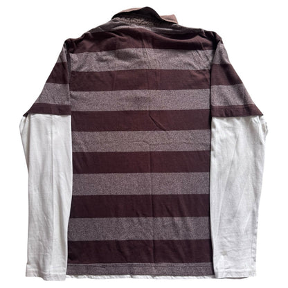 Medium Reporter Brown Striped and White Built In Sleeves Rugby Shirt