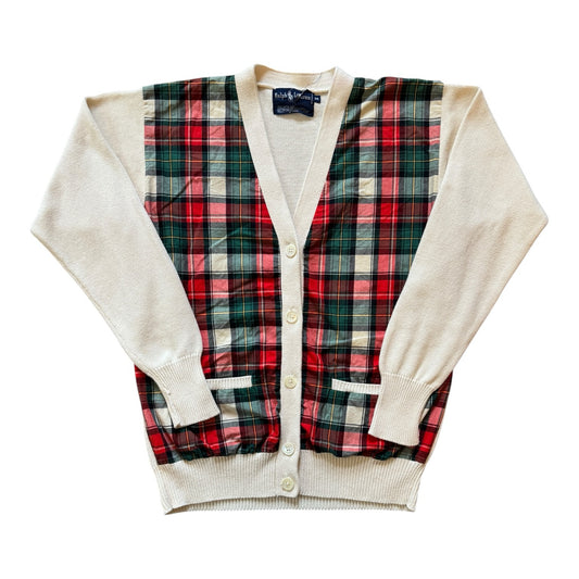 Vintage Medium Ralph Lauren Beige, Red and Green Tartan Cardigan
