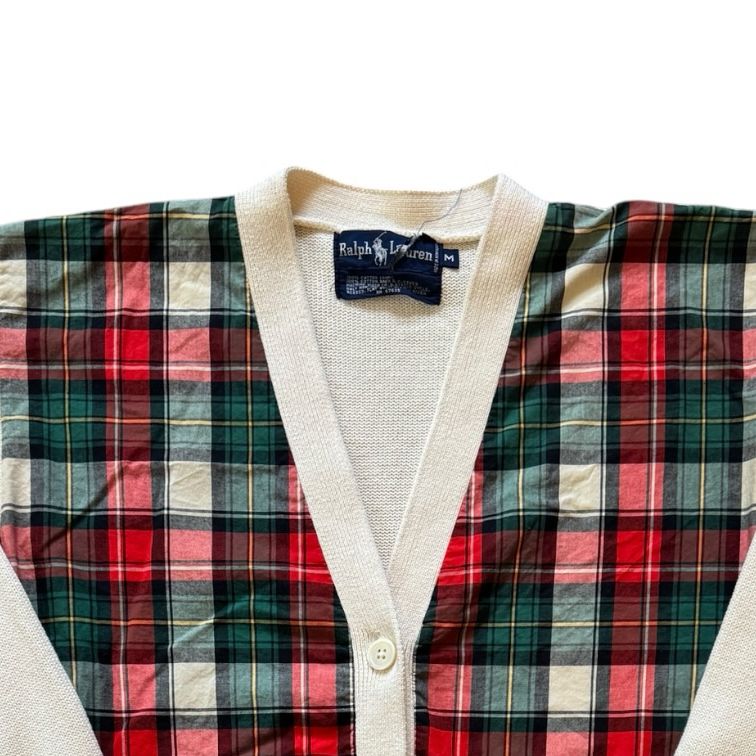 Vintage Medium Ralph Lauren Beige, Red and Green Tartan Cardigan