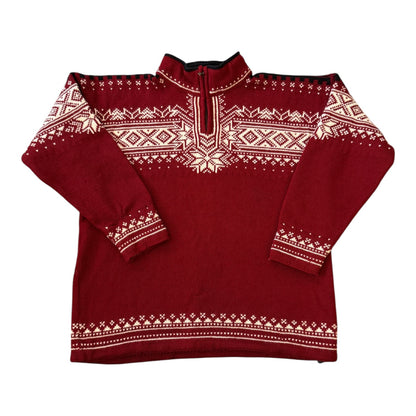Woman's Large Dale Of Norway Red Wool Fair Isle Knitted 1/4 Zip
