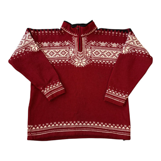 Woman's Large Dale Of Norway Red Wool Fair Isle Knitted 1/4 Zip