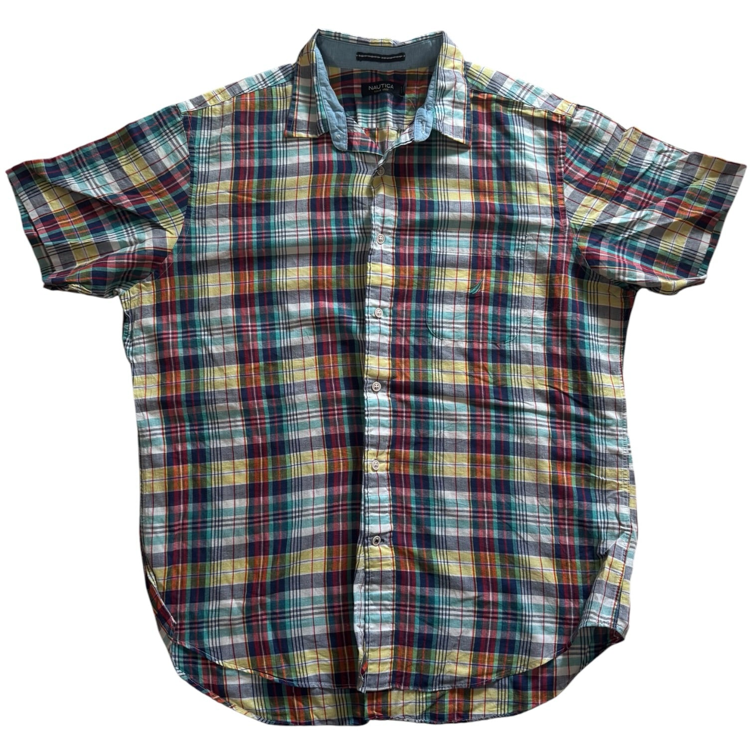 Large Nautica Blue, Yellow and Red Short Sleeved Rugby Shirt