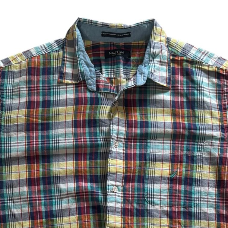 Large Nautica Blue, Yellow and Red Short Sleeved Rugby Shirt
