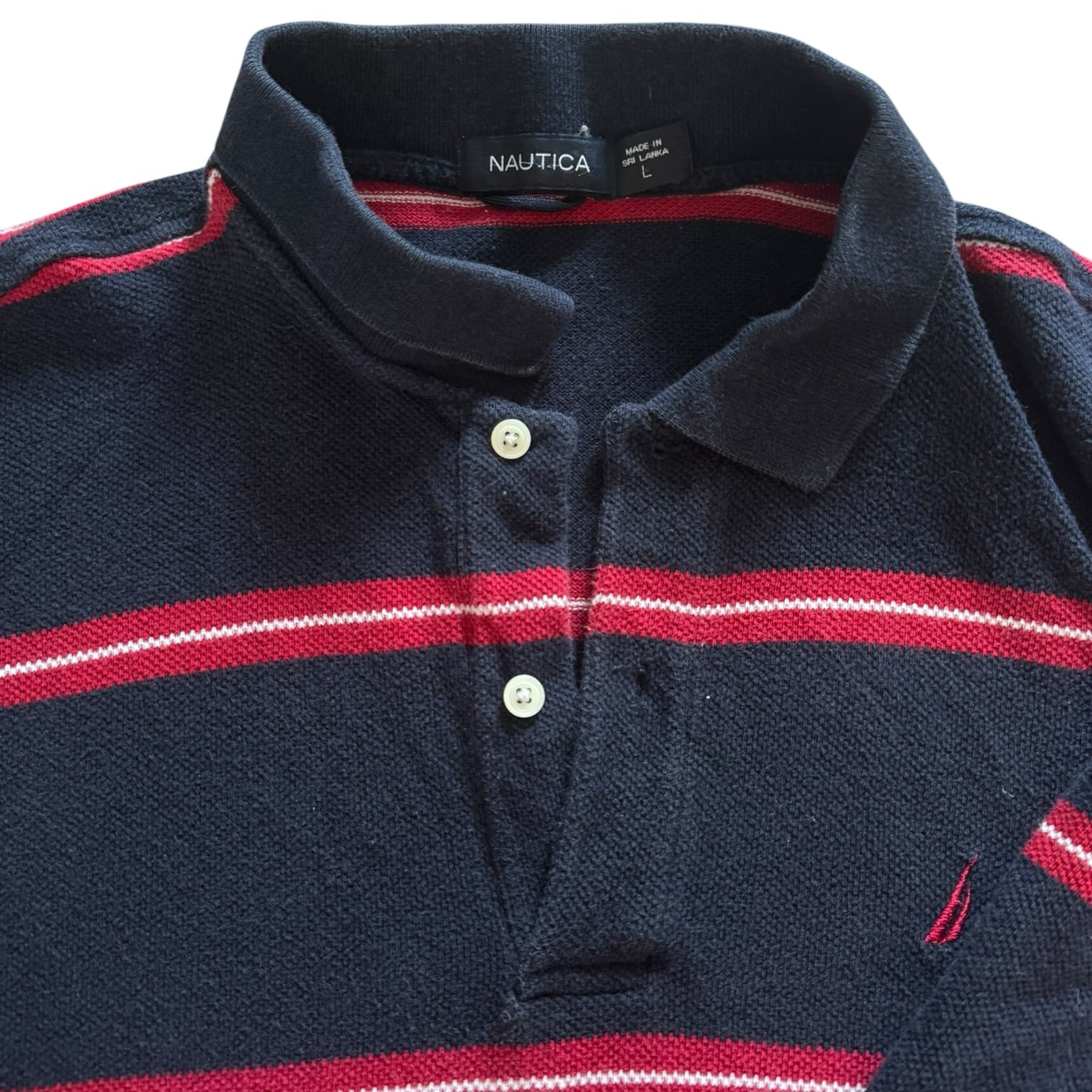 Large Nautica Navy and Red Long Sleeved Polo Shirt