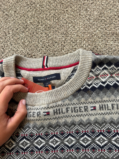 Large Tommy Hilfiger Grey Fair Isle Style Knitted Jumper
