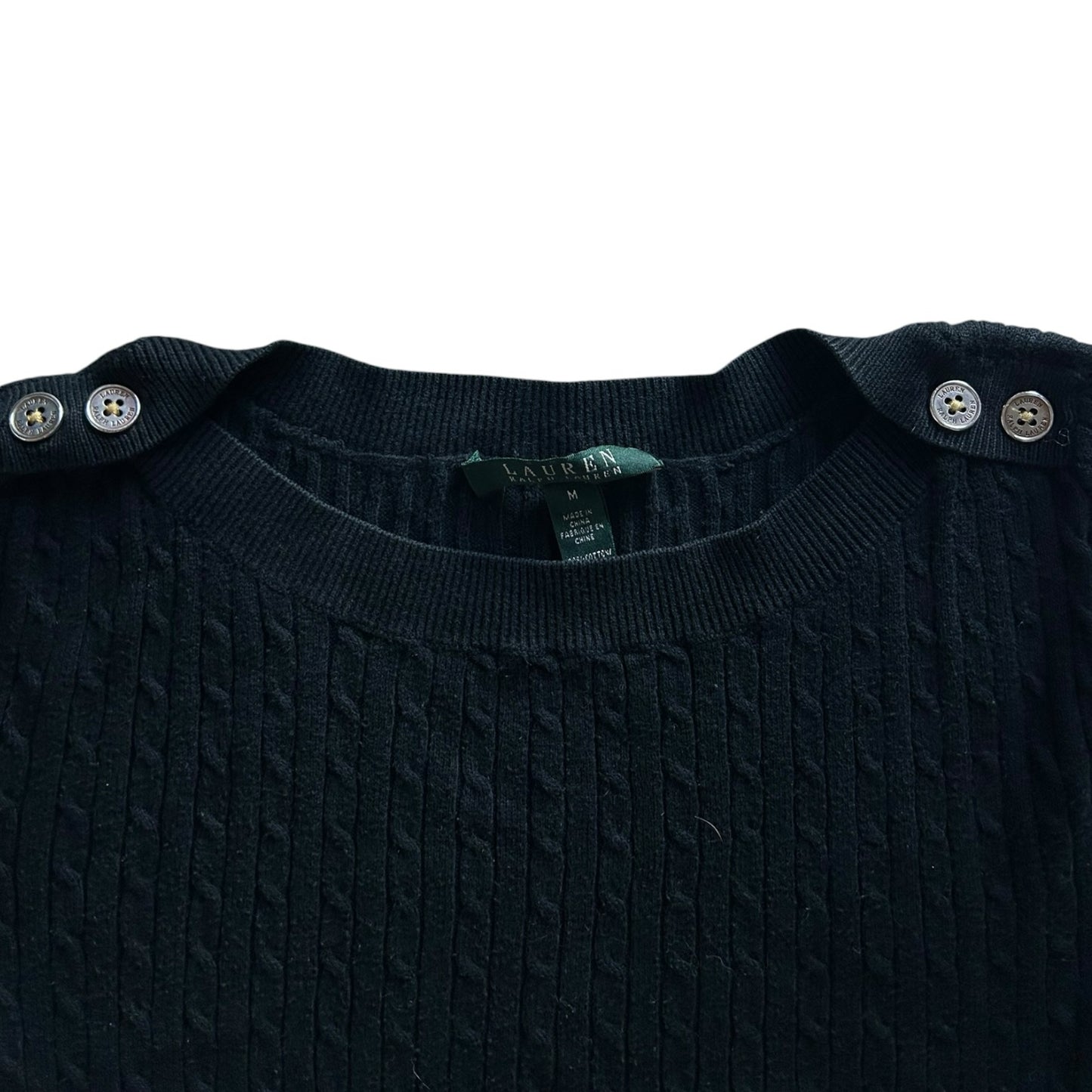Woman's Medium Ralph Lauren Black Cable Knit with Shoulder Buttons