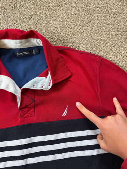 Small Nautica Red and Navy Rugby Shirt - colour bled