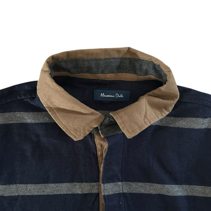 Large Massimo Dutti Navy and Grey Rugby Shirt