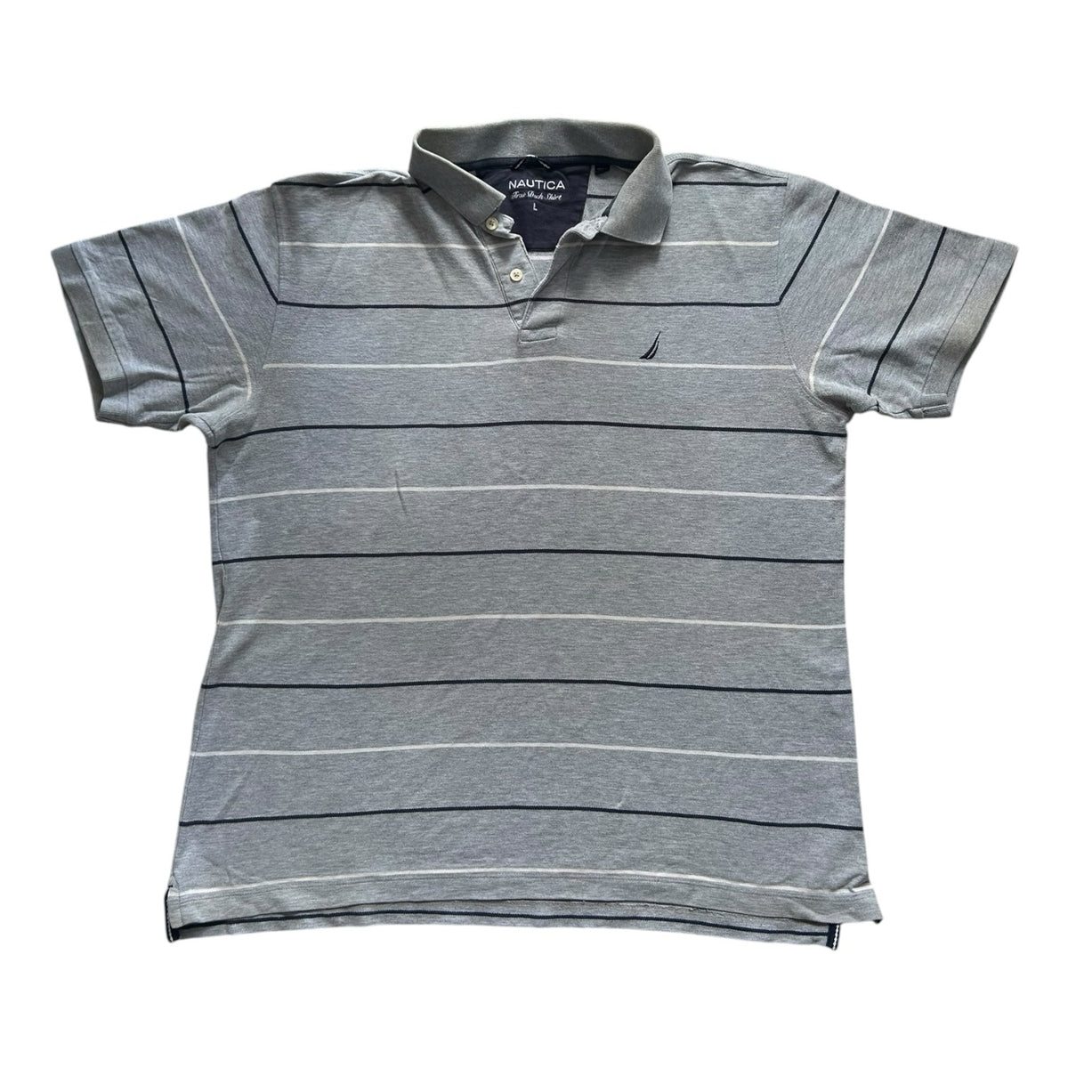 Large Nautica Grey with White and Navy Stripes Polo Shirt