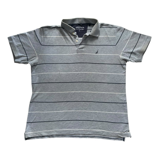 Large Nautica Grey with White and Navy Stripes Polo Shirt