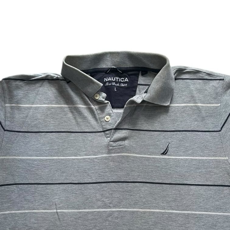 Large Nautica Grey with White and Navy Stripes Polo Shirt